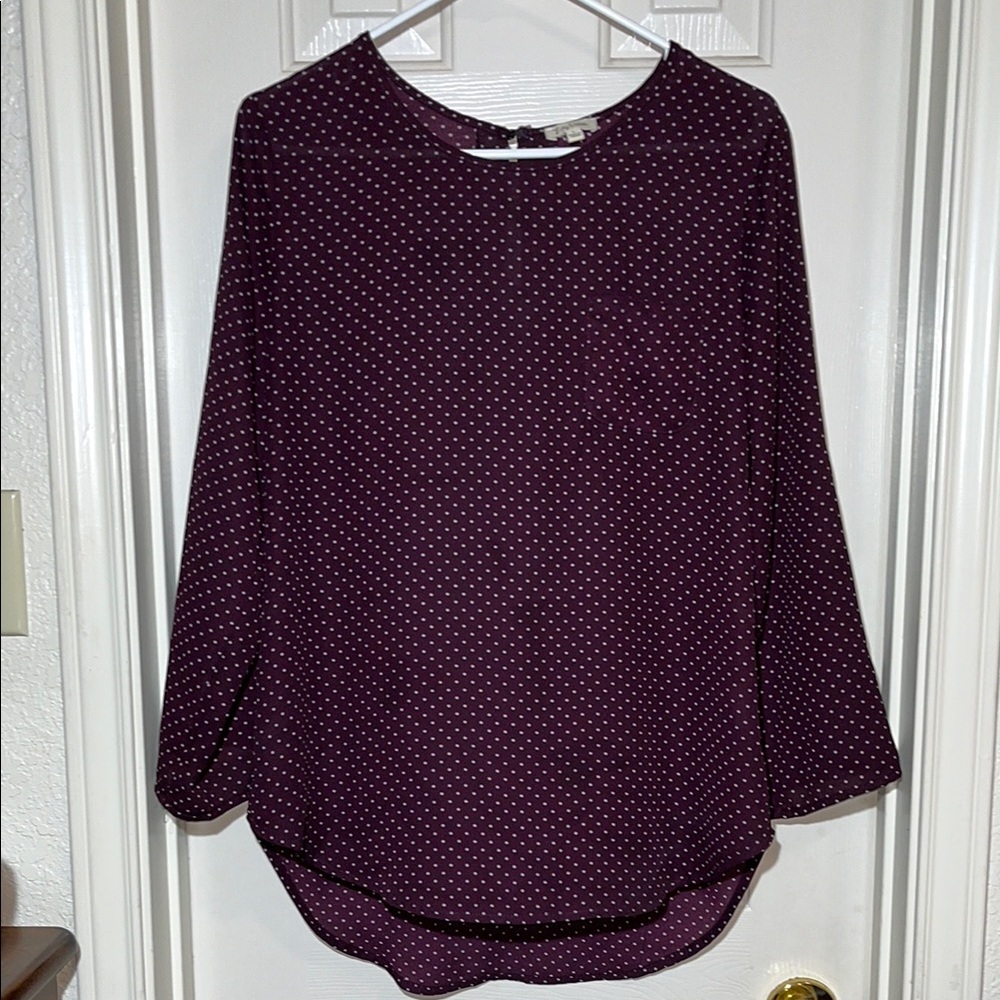 Lily White Women’s Maroon & Gray Polka Dot Blouse – Size Large - Picture 2 of 9